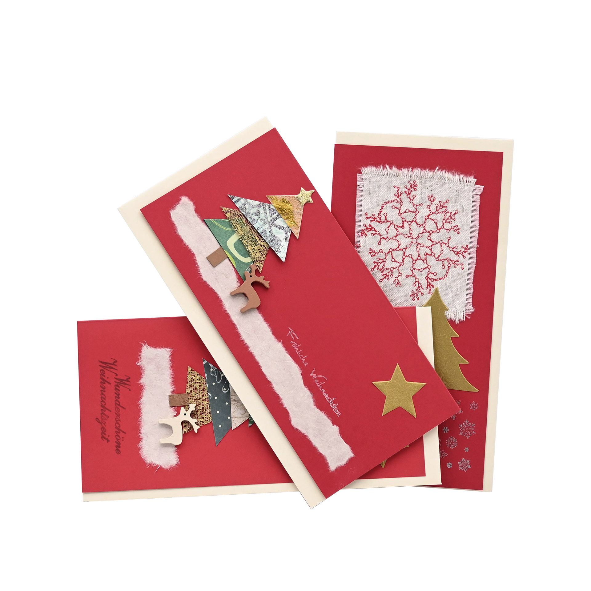 3er-Set Weihnachtskarten Tannen auf Rot 